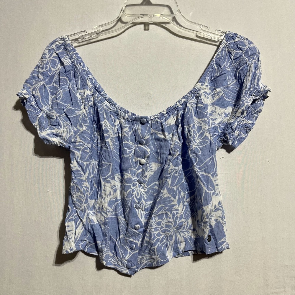 Roxy Crop Top Women's XS Blue Short Sleeve Elasticated Scoop Neck Button Front‎